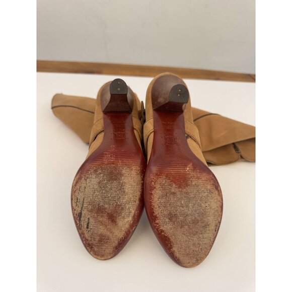 Vintage Celine Tan Knee-High Suede Heeled Boots With Strap & Buckle Detail - Picture 6 of 7